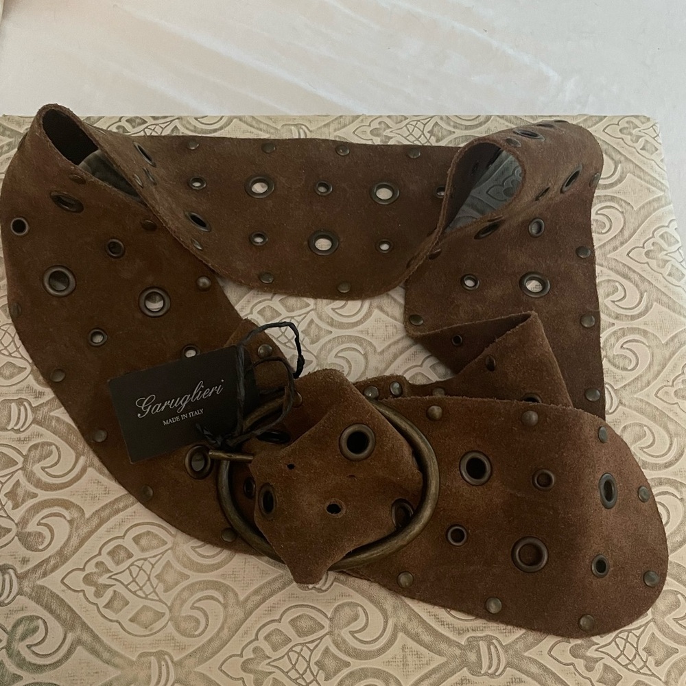 Italian Leather Brown Suede Belt with Brass Studs “Cucinelli” Style Large New